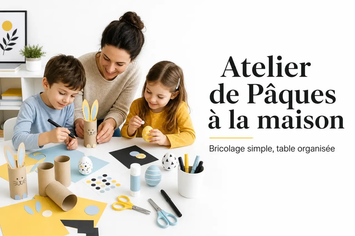 Activités manuelles paques : atelier créatif avec œufs décorés et lapin en rouleau carton sur une table d’enfant