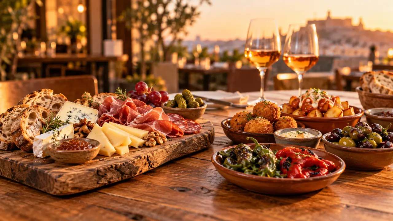 Planche apéritive garnie de fromages, charcuteries et tapas maison autour de verres de vin