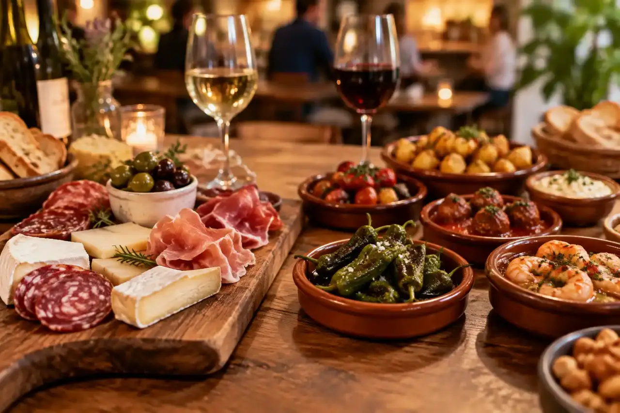 Planche apéritive garnie de fromages, charcuteries et tapas colorés autour de verres de vin