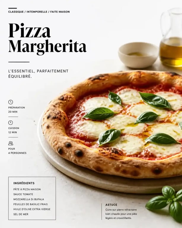 Idee per pizze : pizza maison classique avec mozzarella, basilic et huile d’olive