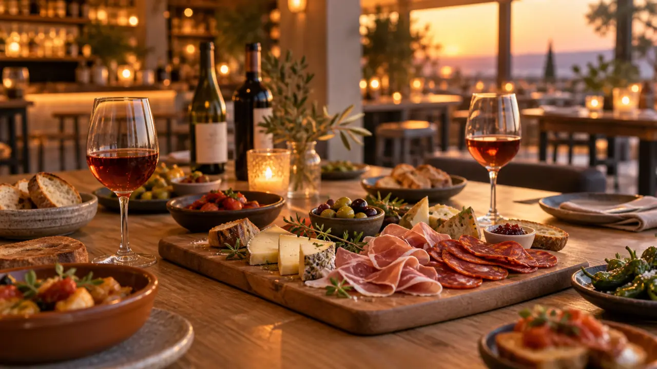 Table conviviale avec tapas, planches apéritives et verres de vin nature
