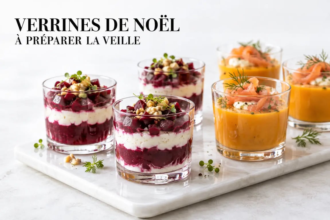 Verrine de Noël à préparer la veille avec chèvre, betterave, potimarron et saumon fumé