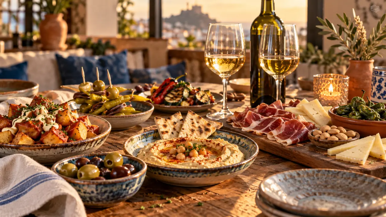 Table conviviale garnie de tapas colorés inspirés de plusieurs cuisines du monde